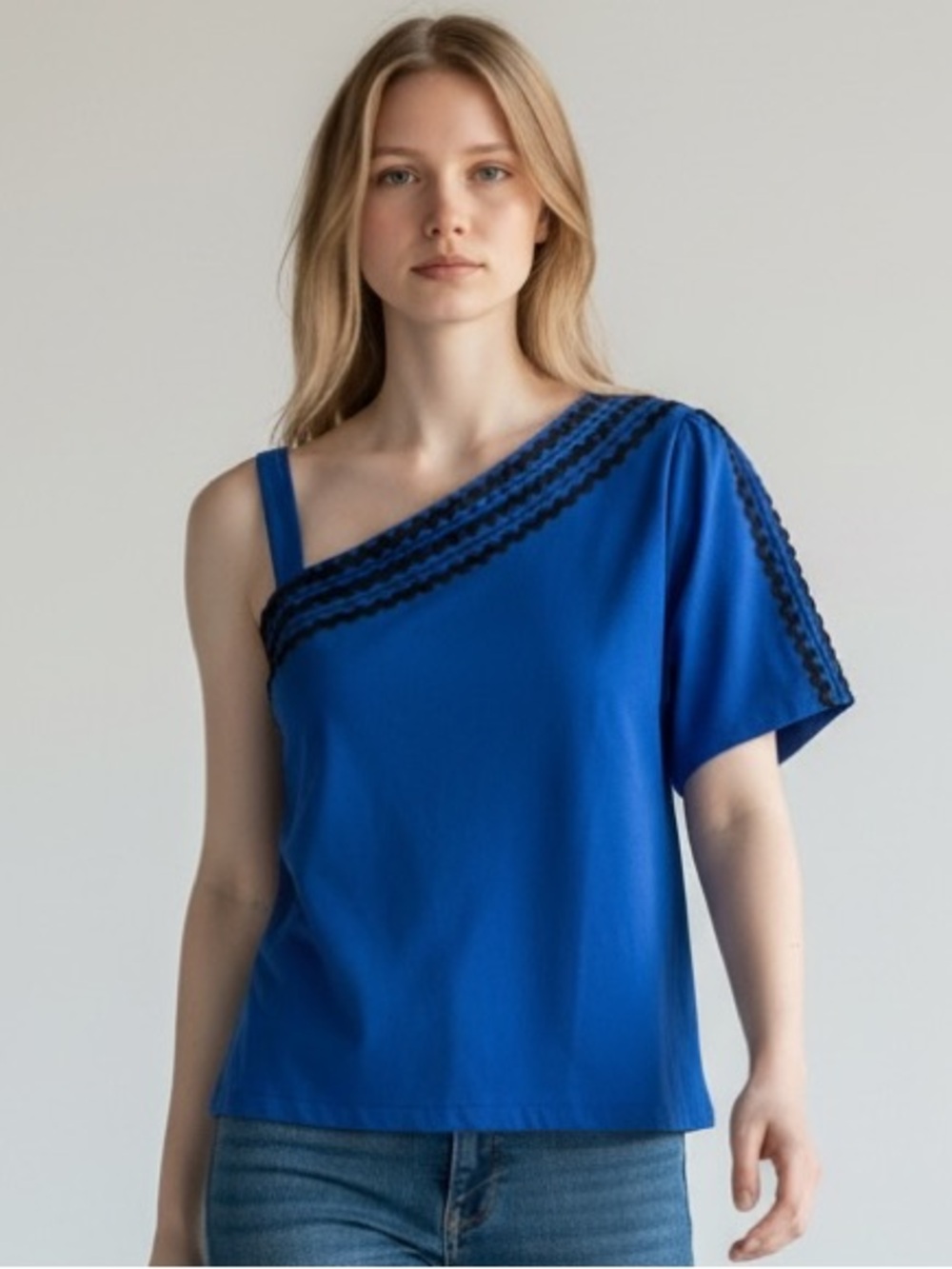 DG2 Diane Gilman Royal Blue Black Trim One Shoulder Top Size XL